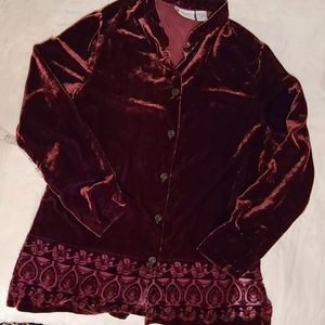 Womens maroon/burgundy button up velvet blouse